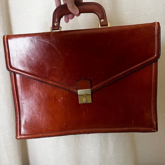 Vintage Effe Italy Brown Leather Briefcase 16x12 Expandable Includes Key - Picture 9 of 9